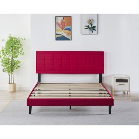 Pat Tapițat Premium Catifea 140/160x200 cm, Somiera Inclusa, Rosu, Fara Saltea