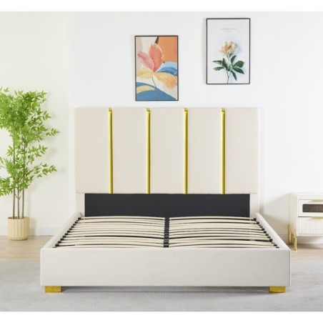 Pat Tapițat Premium Catifea 160x200 cm, Somiera Inclusa, Bej, Fara Saltea cod LB-214