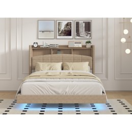 Pat MARIO Complet Tapitat Catifea, Cu Iluminare Led Integrada, Somiera Inclusa, Maro, Fara Saltea
