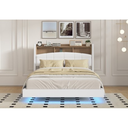 Pat MARIO Complet Tapitat Piele Ecologica, Cu Iluminare Led Integrada, Somiera Inclusa, ALB, Fara Saltea